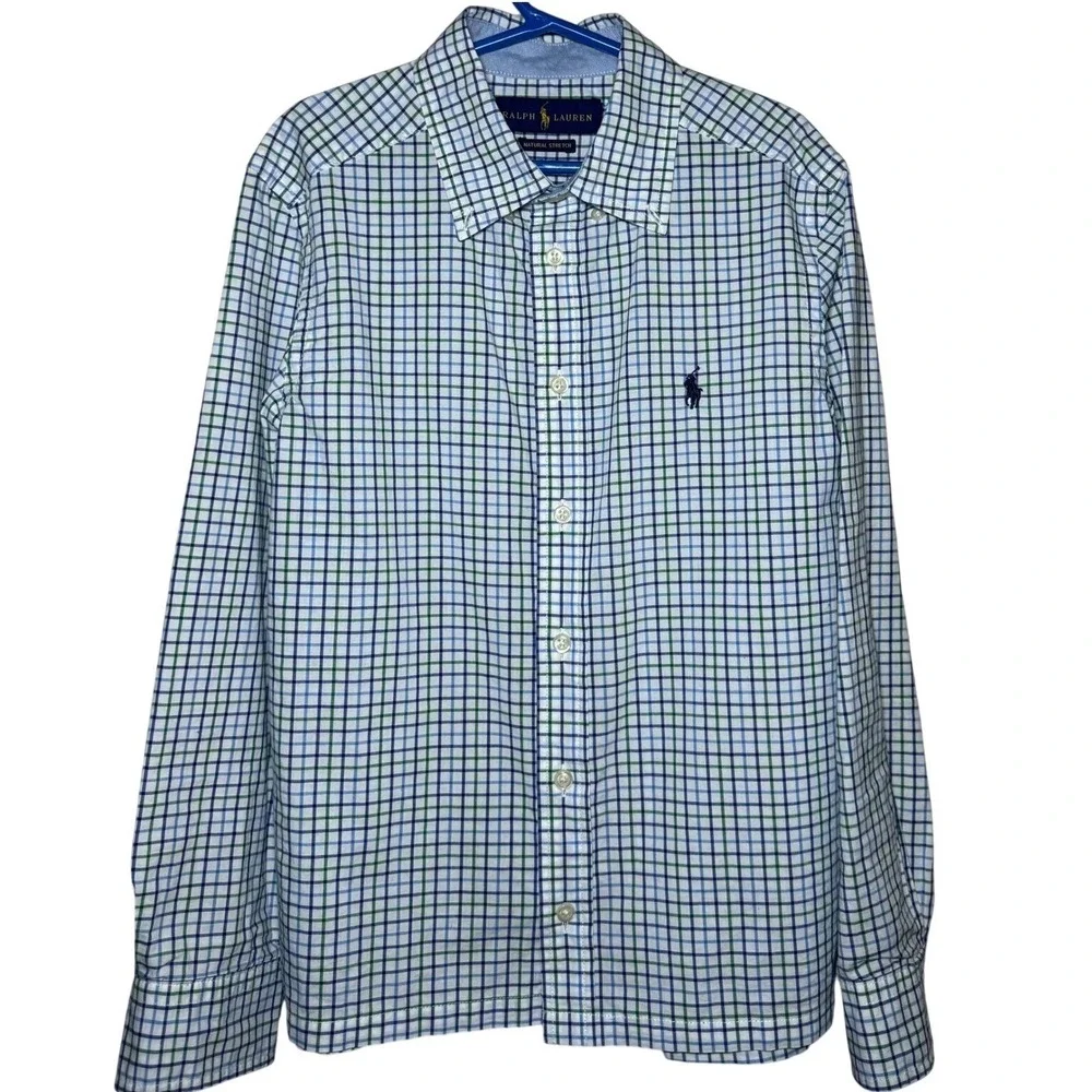 Ralph Lauren Button Down Shirt Boys Blue Green Natural Stretch